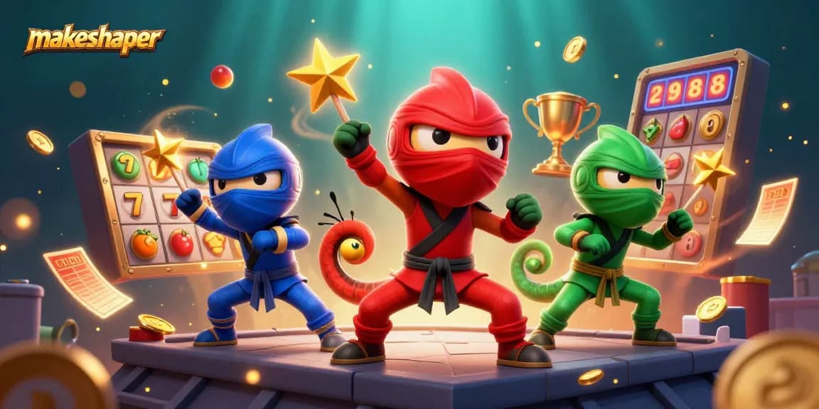 Makeshaper showcases vibrant ninja chameleons amidst spinning slot reels and golden coins in a dynamic casino scene.