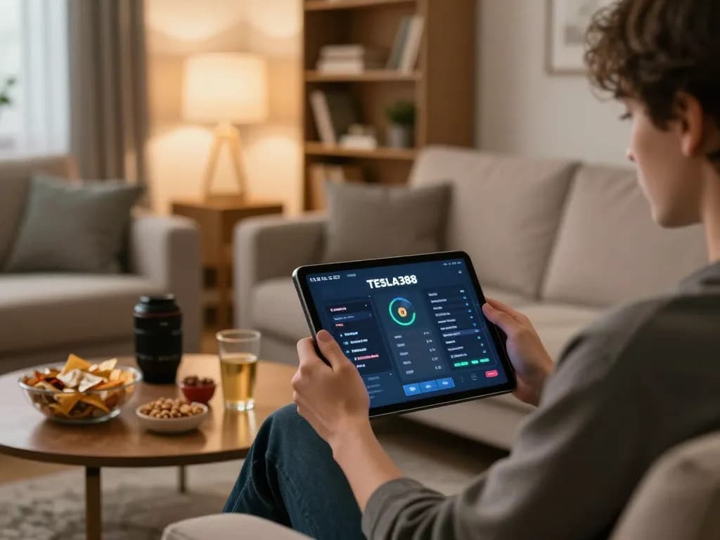 Experience TESLA388 excitement with a player engaged in online gaming in a cozy home setting