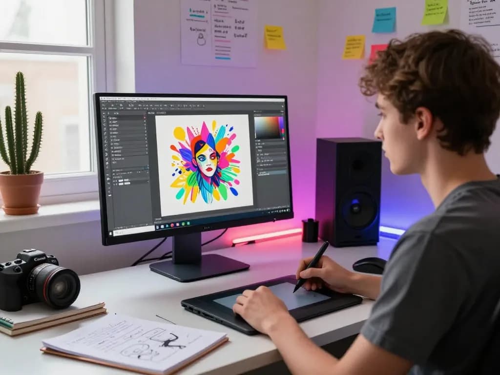 A creative designer developing unique ai nsfw artwork in a modern home studio filled with inspiration and high-tech tools.
