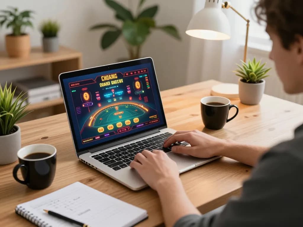 Engaging online gaming scene at home with a laptop interface showcasing kuwinfi