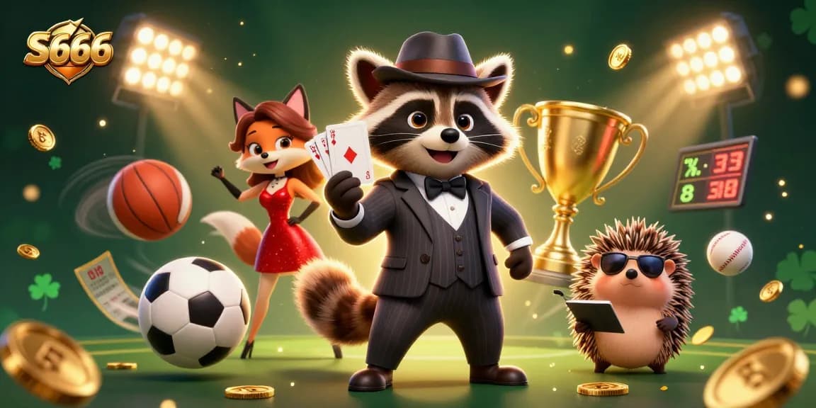 Experience thrilling gameplay at S666 with a suave raccoon and friends in a lively casino scene.