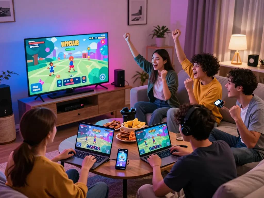 Engaged friends enjoying gaming on Hitclub trang chủ in a lively atmosphere.