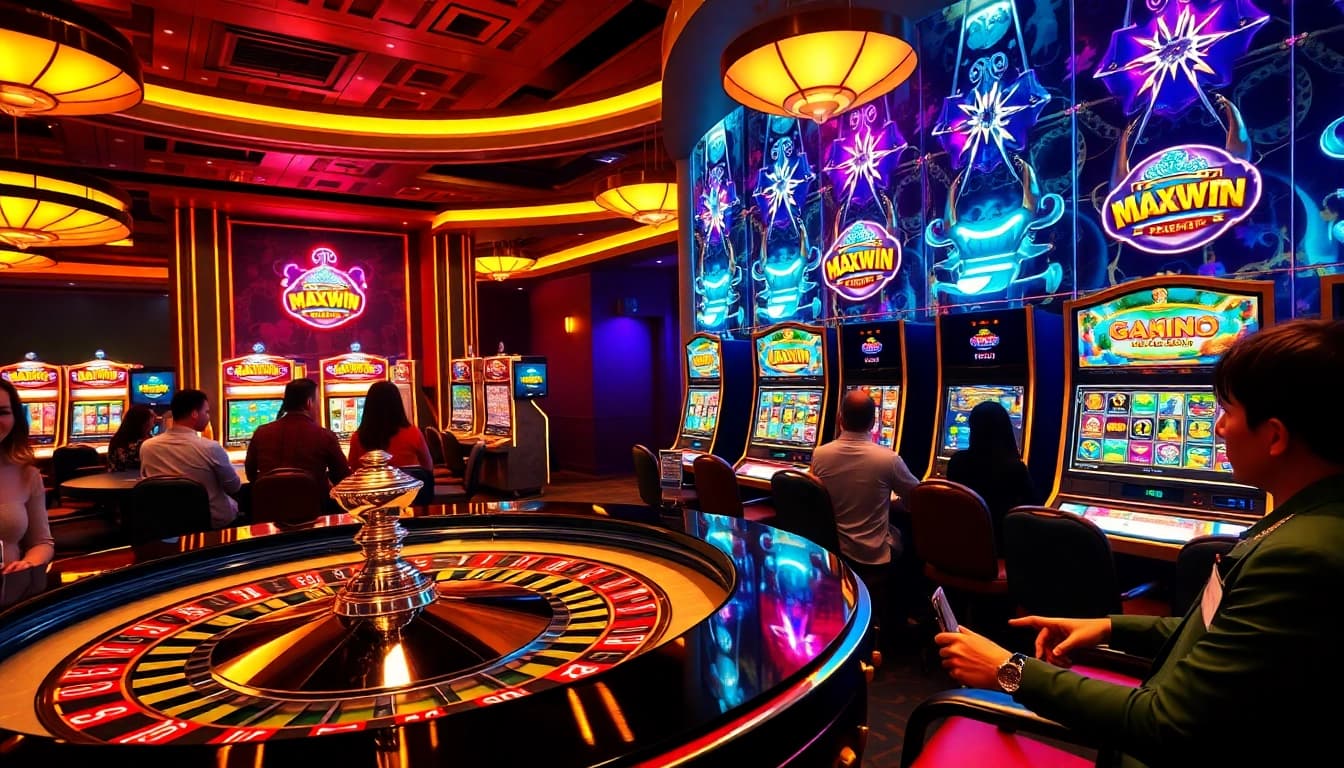 Pemain berinteraksi dengan permainan slot gacor maxwin di lingkungan kasino yang penuh warna.