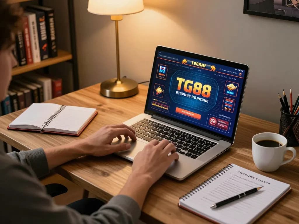 Engaged user playing TG88 online casino games in a stylish home office setting, showcasing responsible gambling