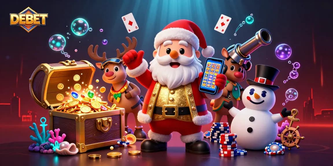 Experience thrilling gameplay at DEBET with Santa and friends amidst slot games and coral treasures.