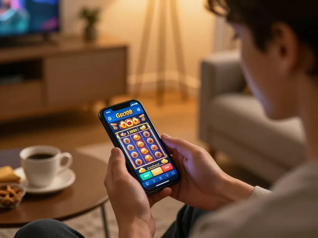 Enjoying a thrilling Gsc108 mobile gaming experience in a cozy living room.