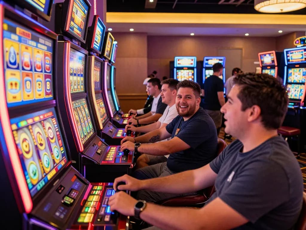 Players enjoying vibrant slot machines at 78win casino, embodying excitement and engagement.