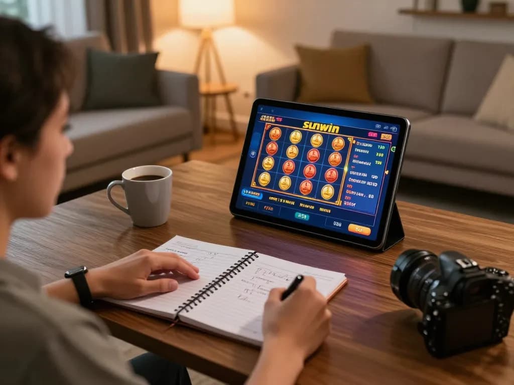 Person playing games on the sunwin app, focusing on strategy notes and gameplay in a cozy setting.