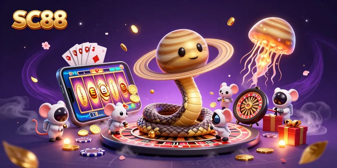 Spin and win with SC88's vibrant cosmic casino scene featuring a roulette snake and astronaut mice.