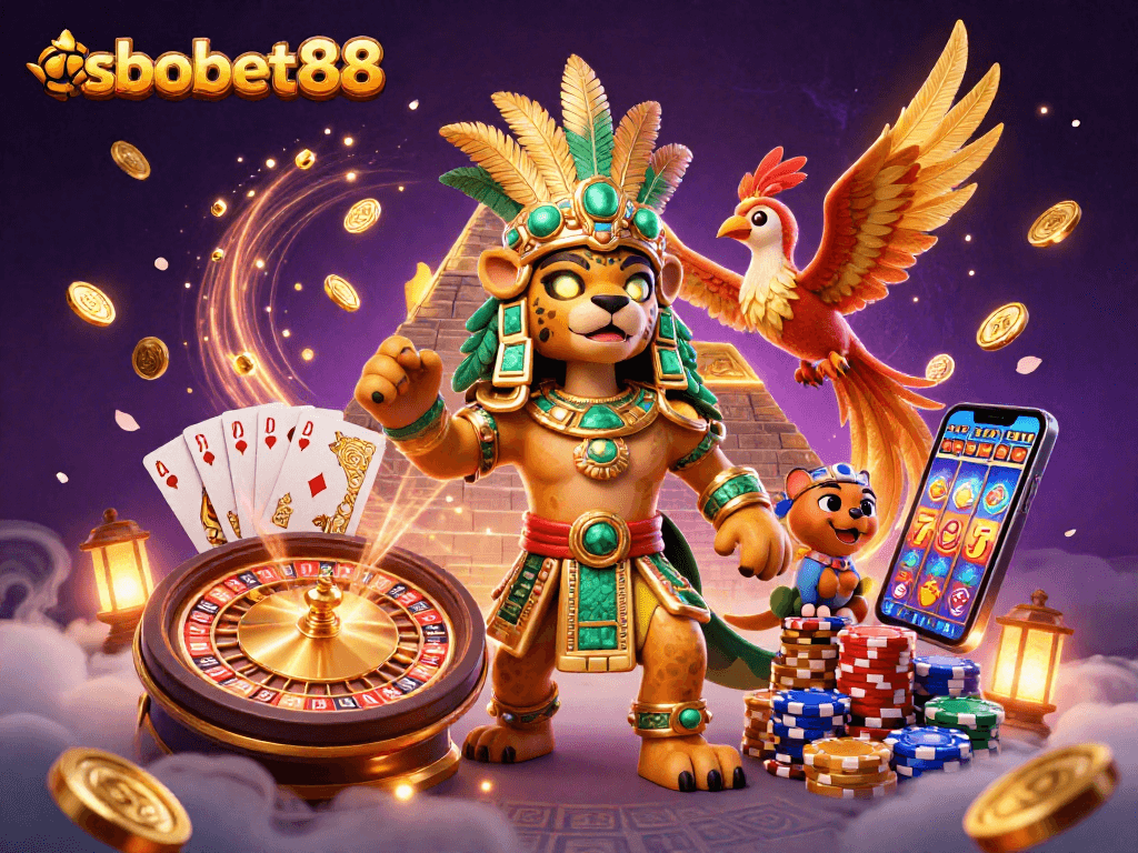 Experience thrilling wins with sbobet88 as the Mayan jaguar priest and companion celebrate in a vibrant casino scene.