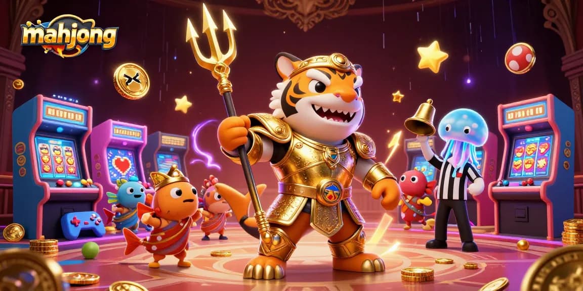 Experience thrilling mahjong action in a vibrant casino scene with arcade elements and a dramatic backdrop.
