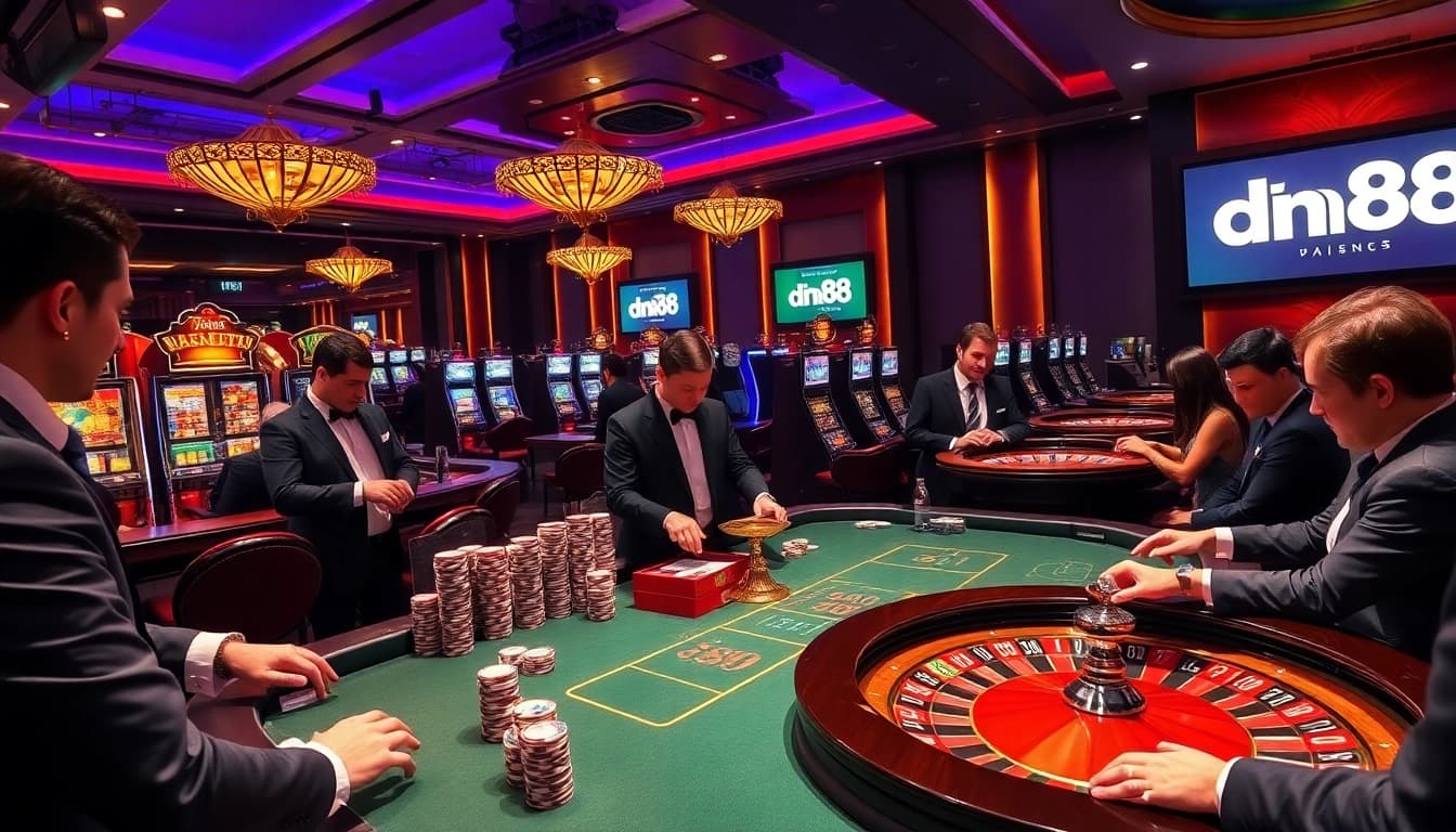 Engaged players experiencing dn88 at a luxurious casino table with vibrant slot machines.