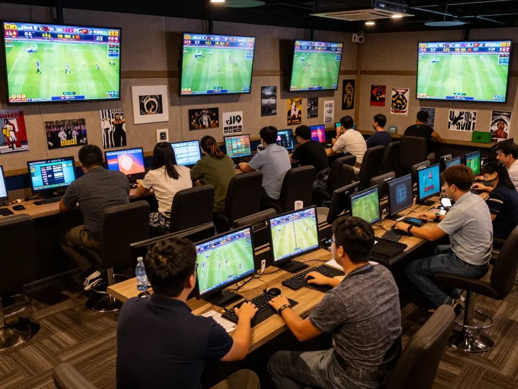 Fans engaging in sports betting at a modern lounge, highlighting kèo nhà cái trends.