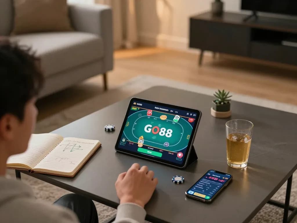 Engaging in online poker at home on GO88 platform, showcasing a modern gaming setup with strategy notes and vibrant gaming interface