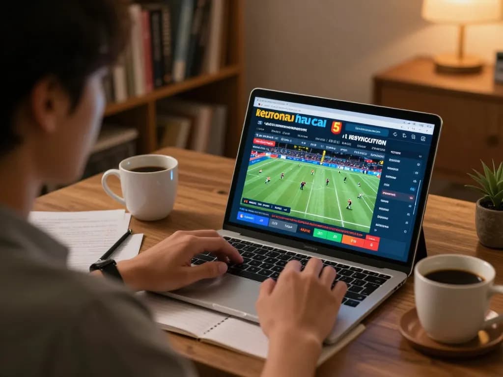 Person analyzing keo nha cai 5 during online sports betting at home, focusing on strategic decisions.