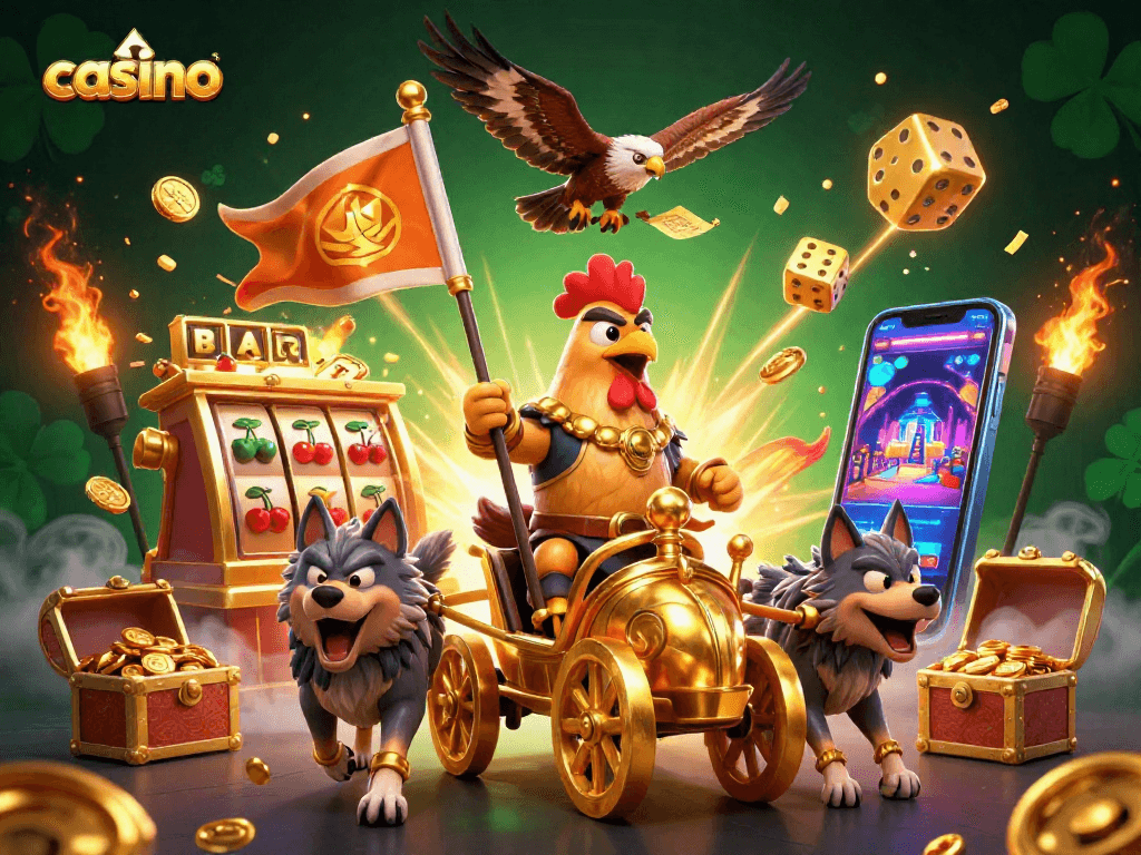 Spinning reels at a casino featuring dynamic slots and festive gold explosions