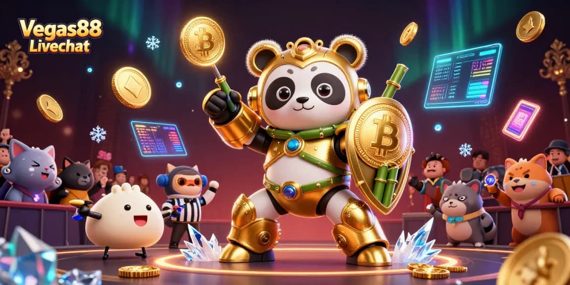 Engage with the vibrant Vegas88 Livechat scene featuring a mech-suit panda in a dynamic casino arena.