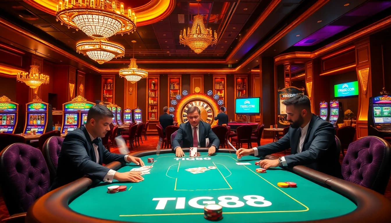 Professional players enjoying high-stakes poker at tg88.com in a luxurious casino setting.