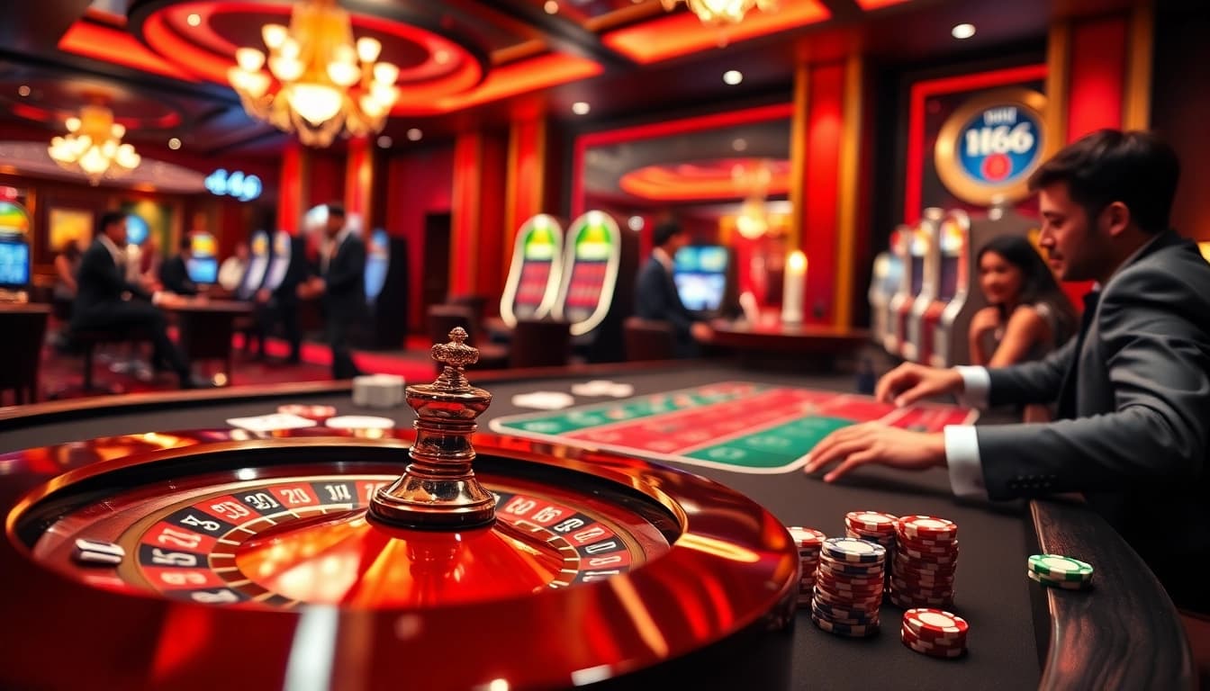Experience the thrill of MB66 with a vibrant gaming atmosphere featuring roulette and poker.