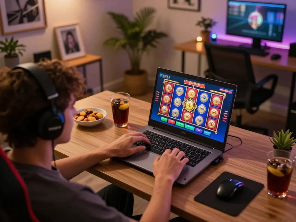 Player enjoying hu slot gaming experience on a laptop in a cozy home environment
