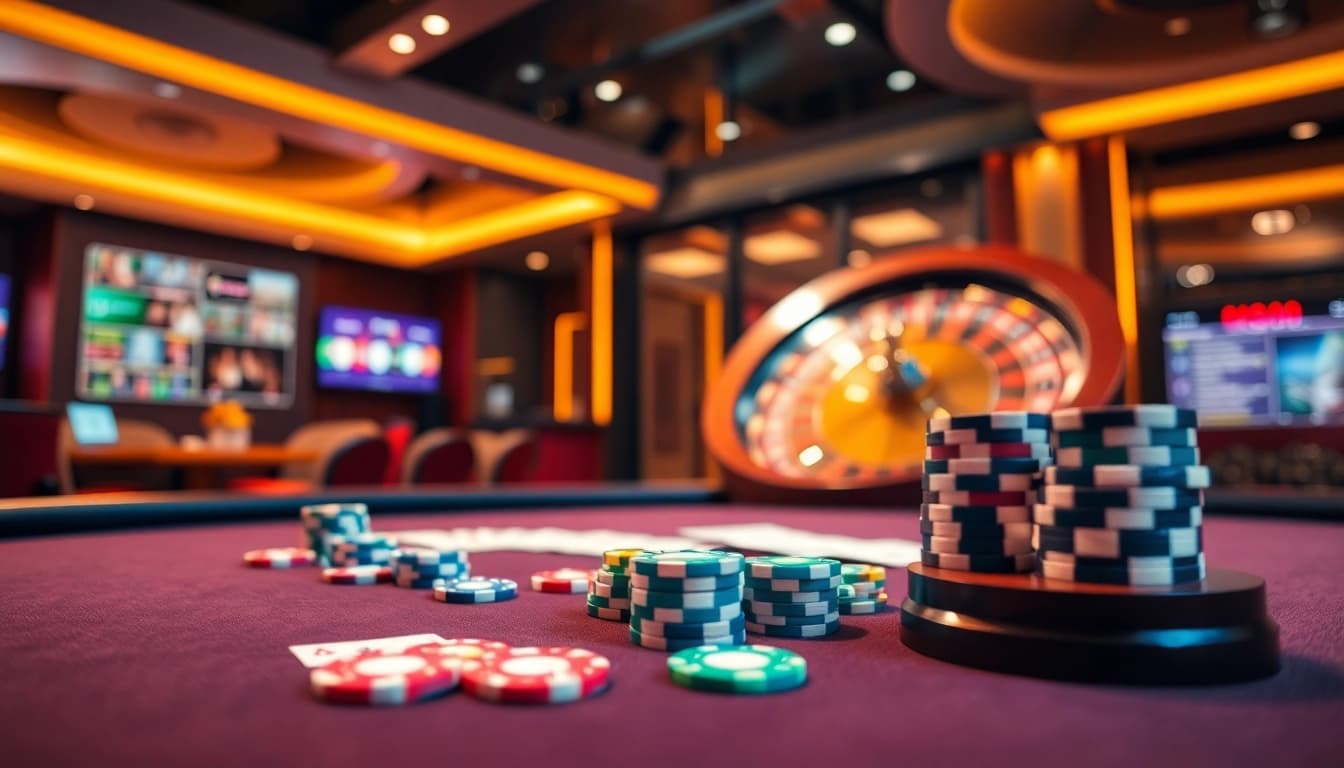 B52 CLUB gaming scene with vibrant poker chips and roulette wheel in a luxurious casino.