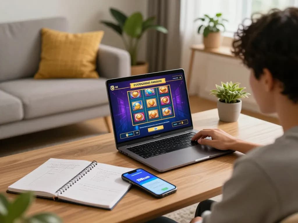 Engaged player enjoying 100cuci online slots on a laptop with strategic notes nearby