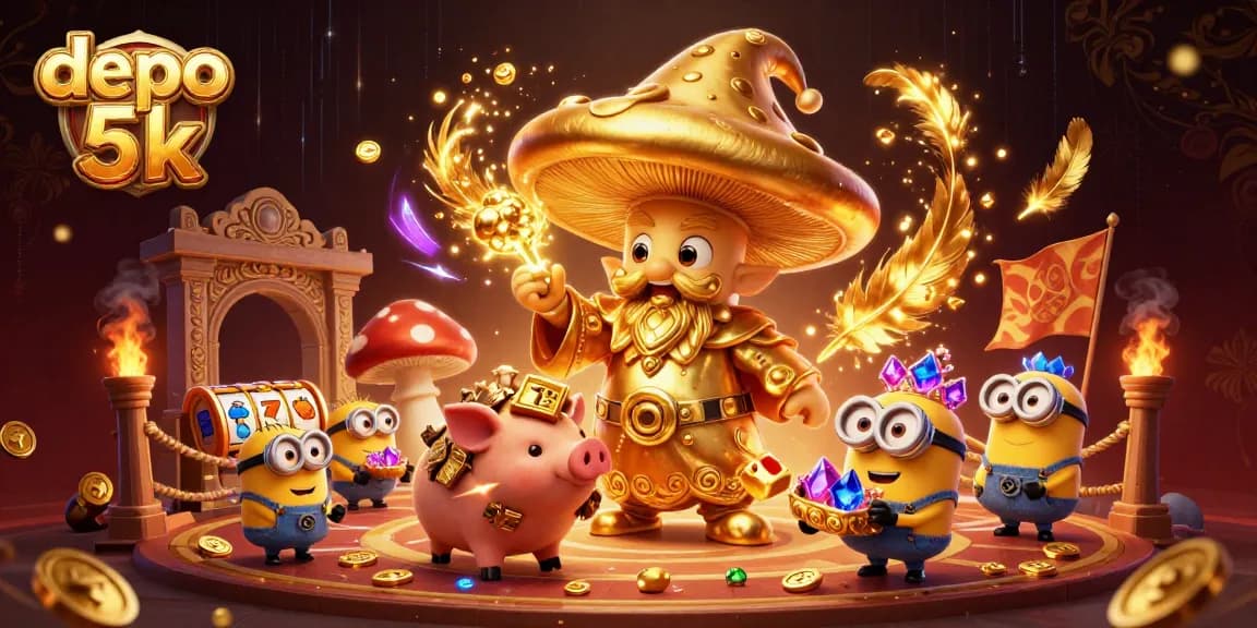 Visualize your wins in the "depo 5k" exciting casino scene with magical elements and treasures.