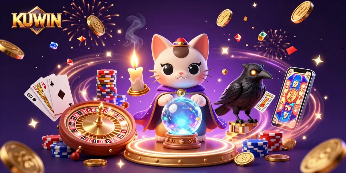 KUWIN's immersive casino experience featuring a mystical fortune teller cat, vibrant treasures, and gaming elements.