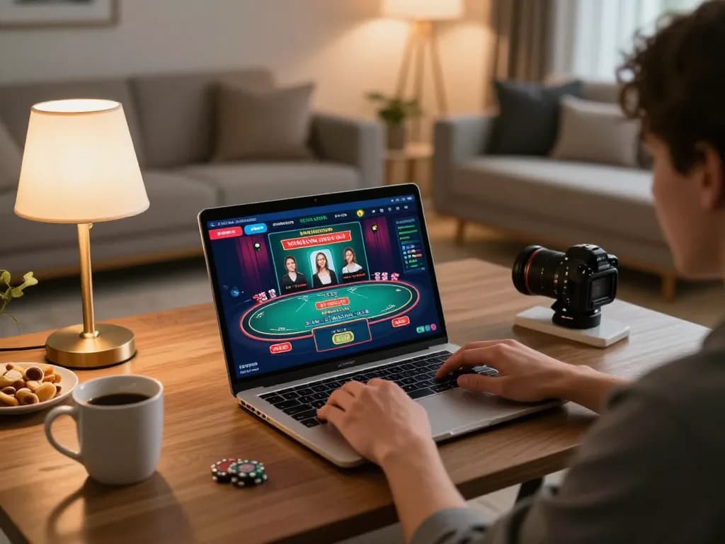 Engaging player enjoying online gambling with kkwin on a laptop in a cozy home environment