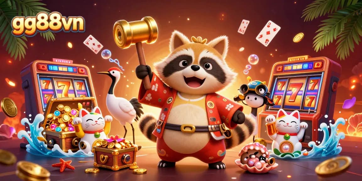 Experience winning at gg88vn with lucky tanuki, vibrant maneki-neko, and colorful casino game elements.