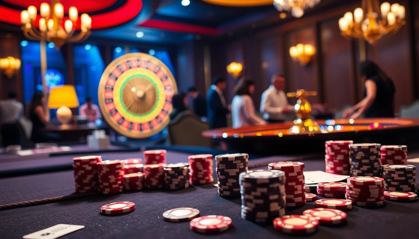 Exciting gambling action at a 789win casino table featuring poker chips, cards, and roulette.
