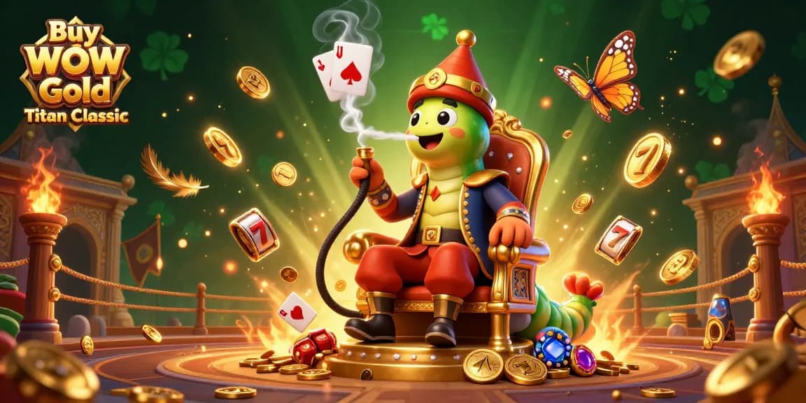 Buy WoW Gold Titan Classic in an action-packed whimsical casino scene, with slot elements and vibrant characters.