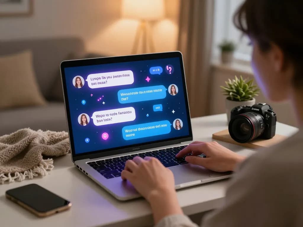 Engaging user experience with ai sex chat on a laptop, showcasing intimate conversations in a cozy home setting.