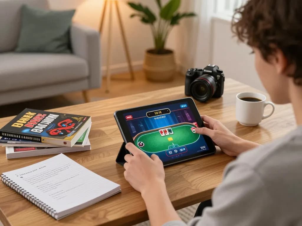 MPO08 player strategizing for online poker with tablet in a cozy living room.