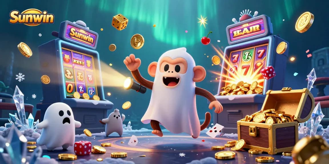 Experience dynamic gaming action with Sunwin's haunted casino illustrated through playful monkeys and golden treasures.