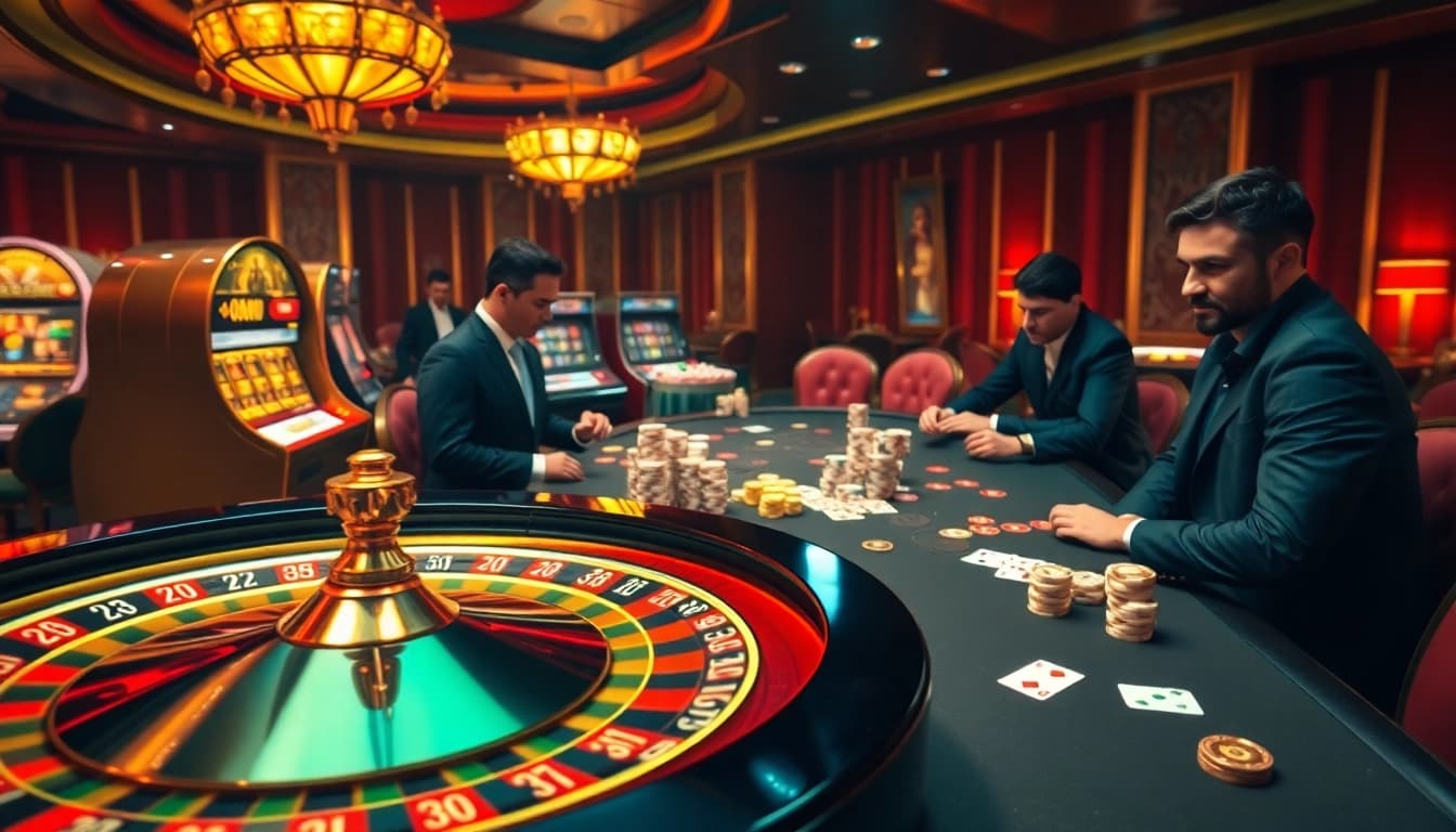 Experience thrilling BDTK1 gaming activities at a vibrant casino table, complete with roulette and poker elements.