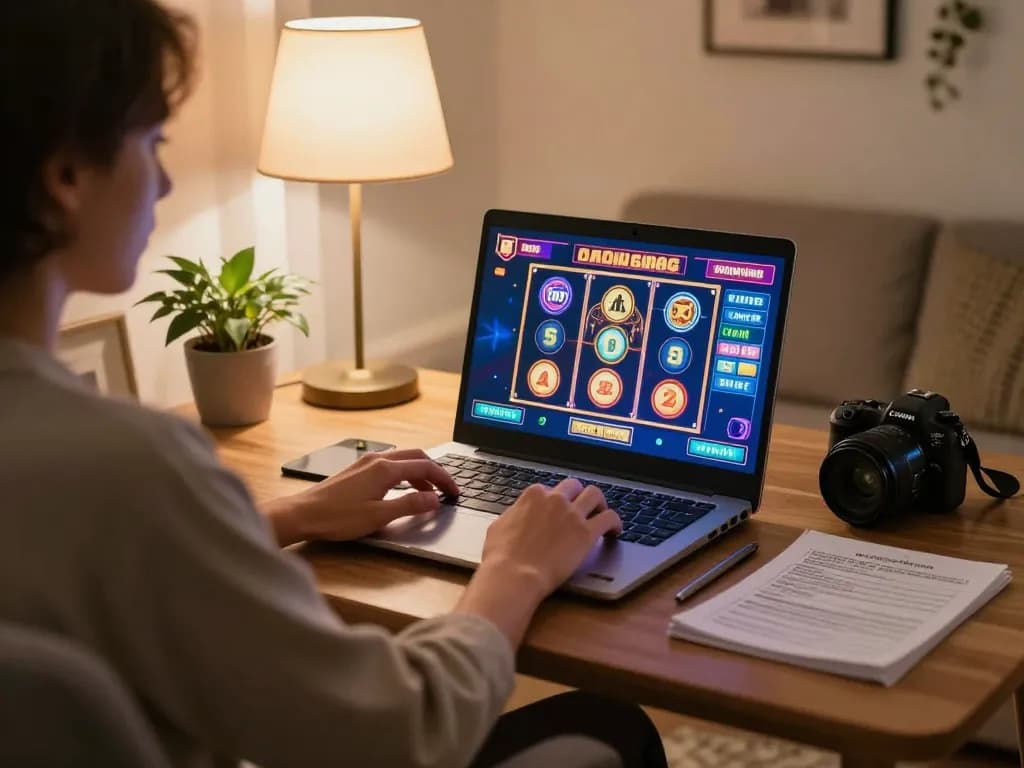 Nohu90 user spinning the reels in a home casino gaming setup