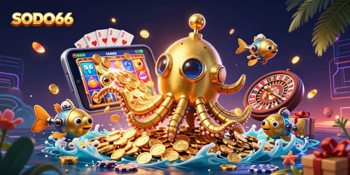 SODO66 players celebrate wins with themed 3D casino elements and golden coins, illustrating vibrant gaming action.