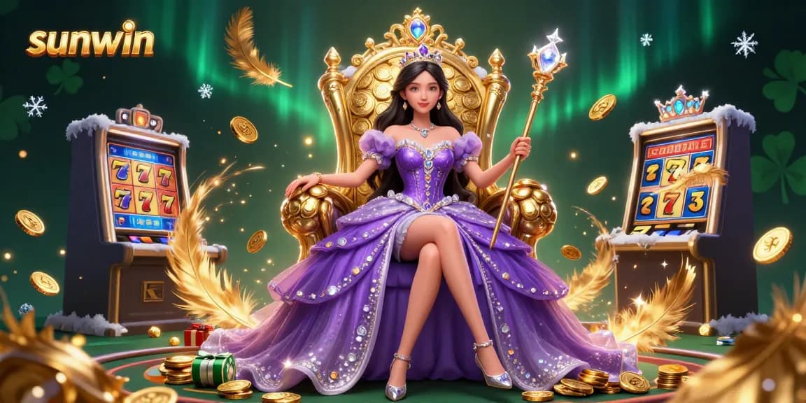 Win big with sunwin at this vibrant, detailed casino scene featuring a regal character and slot machines.