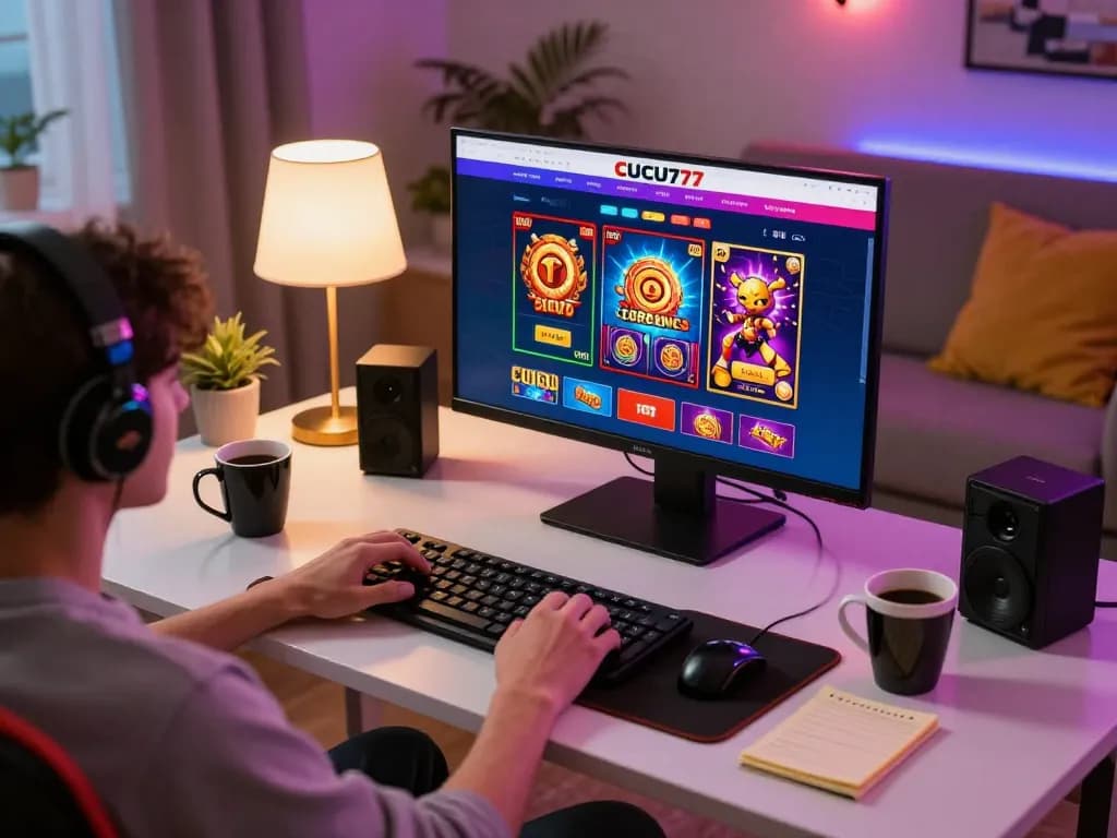 Engaging with CUCU777 online casino platform at home with vibrant game options visible.