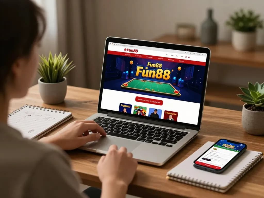 Engaging with Fun88's online casino on a laptop in a cozy home office.