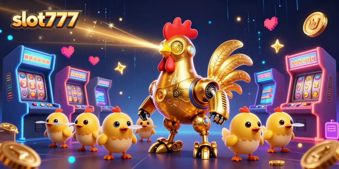 Menangkan slot777 dengan robot ayam emas futuristik dalam ilustrasi kasino 3D.