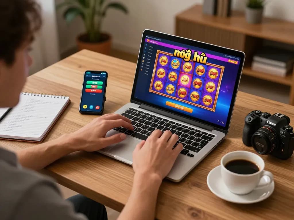 Engaging in nổ hũ slot gaming online with a lively setup, showcasing strategy notes and a laptop.