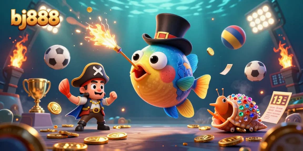 BJ888 ignites excitement with a 3D anglerfish attracting golden coins amid vibrant gambling elements.