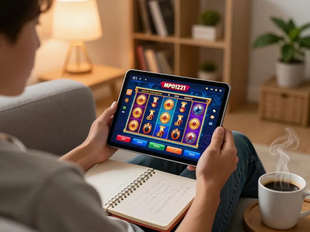 MPO1221 berinteraksi dengan antarmuka permainan slot online sambil bersantai di rumah.