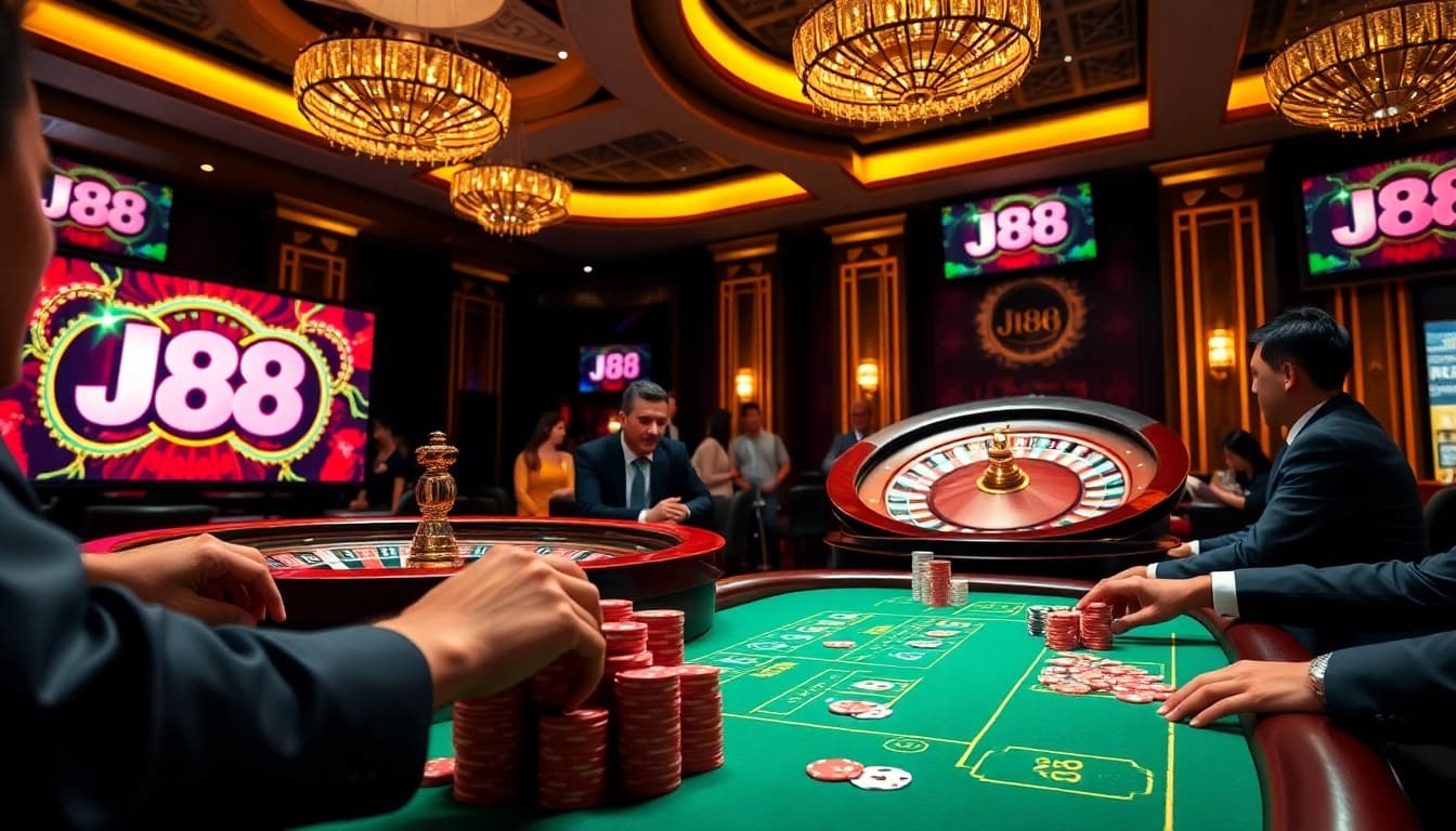 Experience the thrill of J88 online gambling with vibrant poker chips, cards, and a roulette wheel.