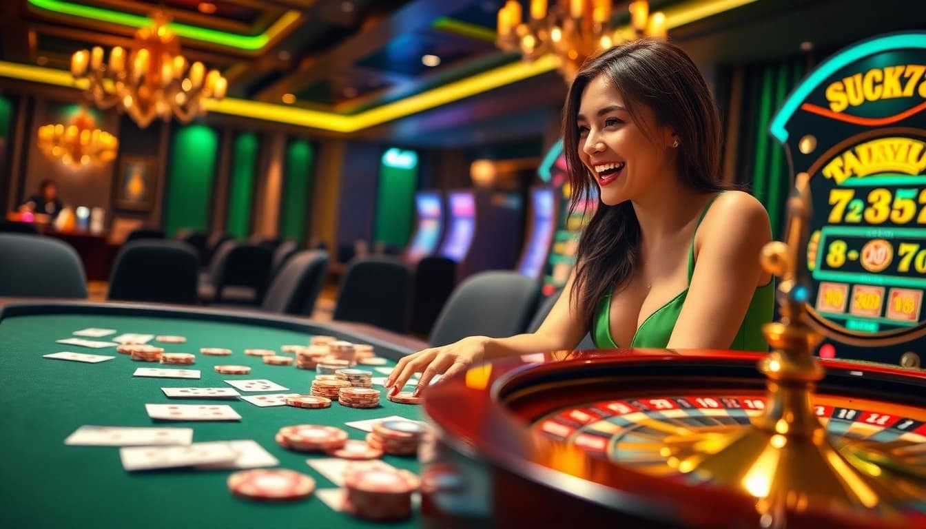 Exciting LUCK8 casino scene featuring poker table, roulette wheel, and slot machine action.