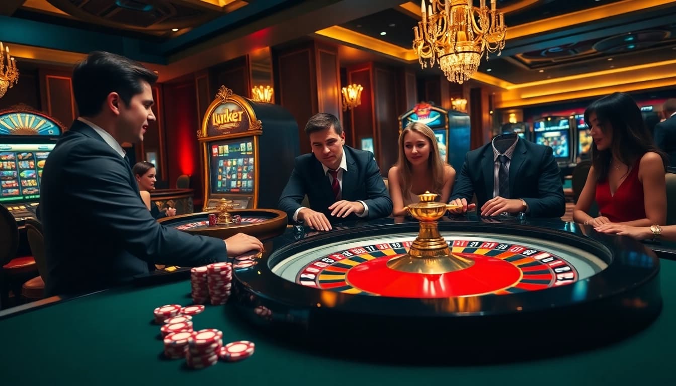 Engaging players enjoying a thrilling game at a luck8 casino table with vibrant poker chips.