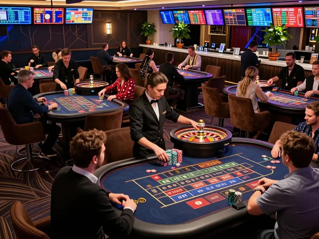 Players enjoying a thrilling BTC casino experience, placing bets at roulette tables in an upscale casino environment.