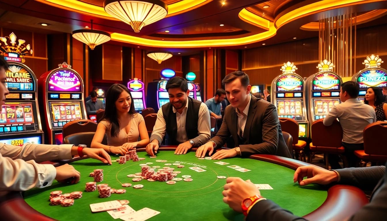 Experience fun88 with excitement at a lively poker table surrounded by colorful chips and high-stakes slot machines.